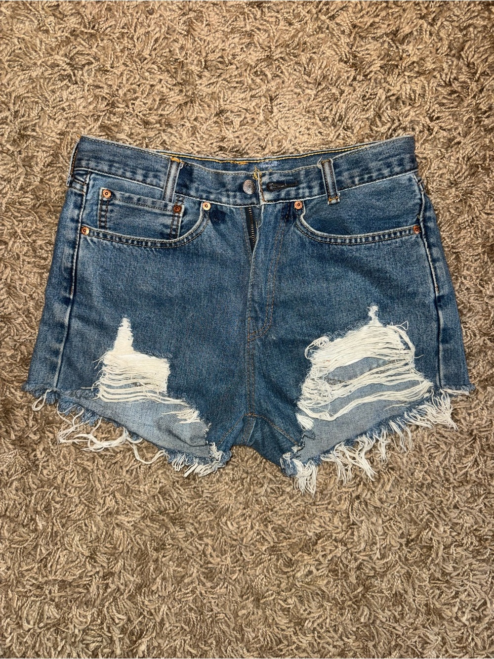 Levi's Distressed Dark Blue High-Rise Denim Shorts
